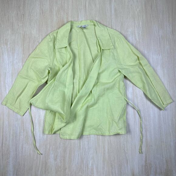 Jillian Jones 100% Linen Lime Green 3/4 Sleeve Wrap Shirt Casual Blouse Small - Picture 6 of 14